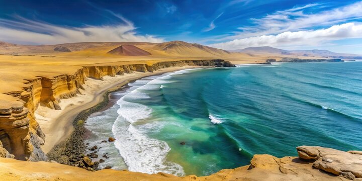 Panoramic view of rocky coastline with sandy beach and turquoise waters, Playa de la Mina, Paracas desert, Peru , Andean landscape background , Peruvian landscape