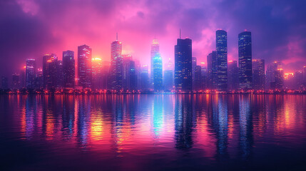 Obraz premium Vibrant city skyline at dusk reflecting on water with colorful lights illuminating buildings