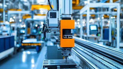 Industrial robotic arm operating in a modern manufacturing facility with machinery