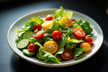 Fresh and Colorful Salad with Crisp Lettuce, Cherry Tomatoes, and Cucumber Slices on a Ceramic Plate Healthy Vegan Meal with Natural Lighting, Perfect for a Nutritious Diet and Food Photography Inspir
