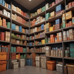 Overcrowded shelves with stacked boxes and containers, disorganization, boxes, mess