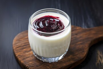 A photo of homemade yogurt in a glass, topped with jam