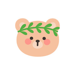Korean Style Bear Head Cartoon with Green Laurel Crown
