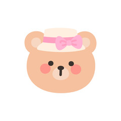 Style Bear Head Cartoon with White Bowler Hat and Pink Ribbon