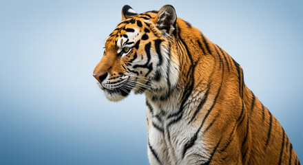 Obraz premium A majestic Bengal tiger sitting gracefully on a soft white and blue gradient background