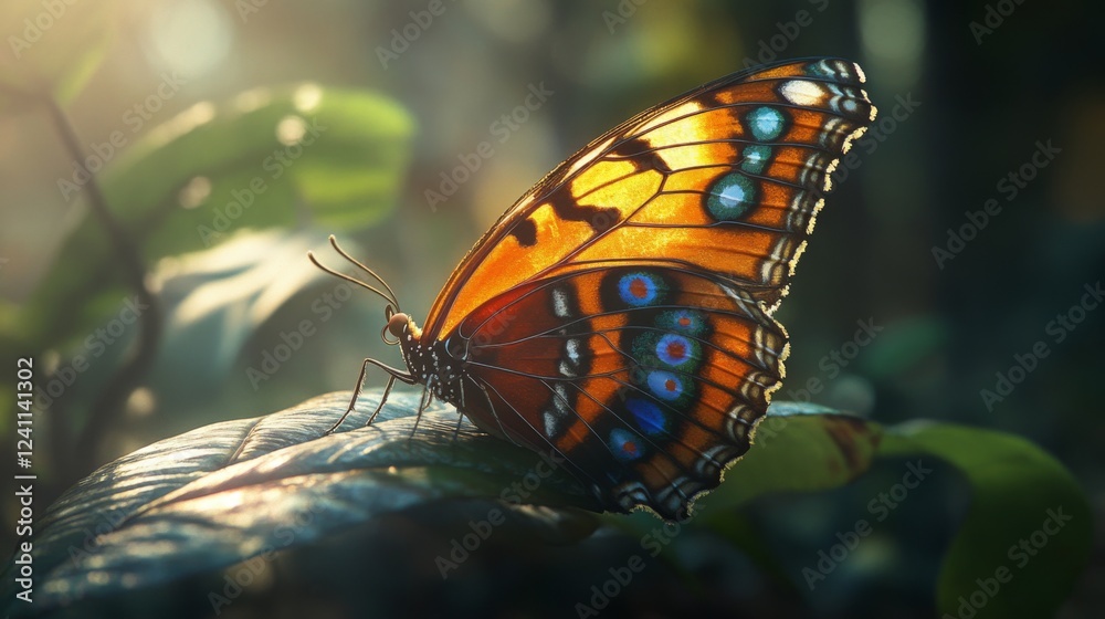 Poster A macro shot of a butterfly resting on a leaf, with intricate wing patterns and vivid colors, capturing the delicate relationship between insects and plants.