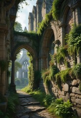 Obraz premium Overgrown with vines and moss the stone walls of the abbey, overgrowth, senanque abbey, countryside view