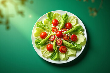 Fresh and Colorful Salad with Crisp Lettuce, Cherry Tomatoes, and Cucumber Slices on a Ceramic Plate Healthy Vegan Meal with Natural Lighting, Perfect for a Nutritious Diet and Food Photography Inspir