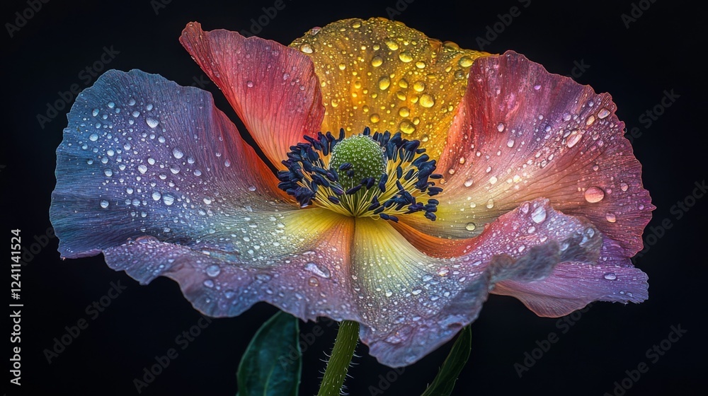 Aufkleber a macro shot of a colorful flower with drops of dew, highlighting the contrast between the vibrant c