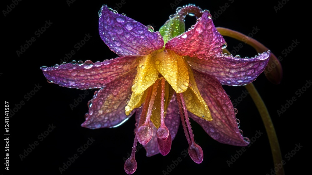 Poster a macro shot of a colorful flower with drops of dew, highlighting the contrast between the vibrant c