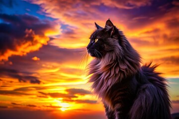 Majestic Persian Cat Silhouette at Sunset - Elegant Feline Profile