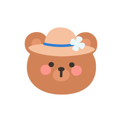 Korean Style Bear Head Cartoon with Beige Straw Hat and Blue Ribbon