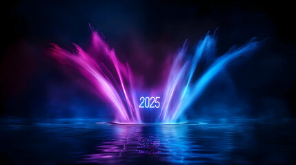 A vibrant display of watershow lights creating the year 2025, symbolizing celebration and new beginnings.