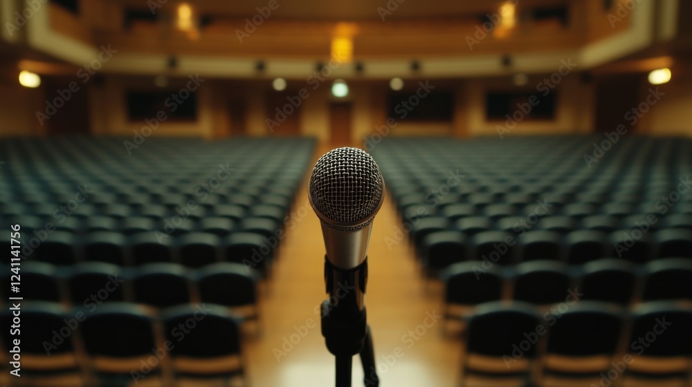 Poster A microphone positioned on a lectern in a large conference hall, ready for a keynote speech, with rows of empty seats in the background.