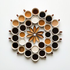 Colorful arrangement of coffee cups on a white background.