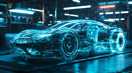 Futuristic transparent car design showcased in a high-tech workshop environment