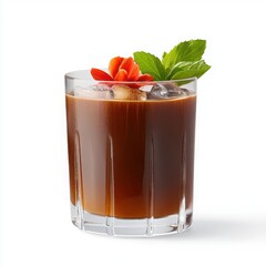 Refreshing beverage with ice, mint, and flower garnish, white isolated background.