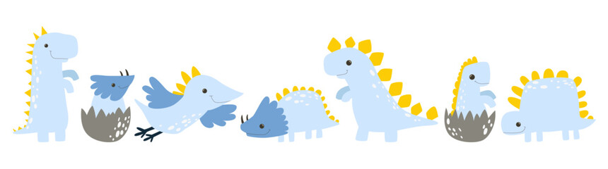 Blue cartoon dinosaur. Dino monster cartoon boy childish vector illustration. Funny art. Ancient animals. Newborn set