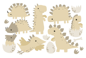 Cartoon dinosaur. Dino monster cartoon gender neutral colors childish vector illustration. Funny art. Ancient animals. Newborn set