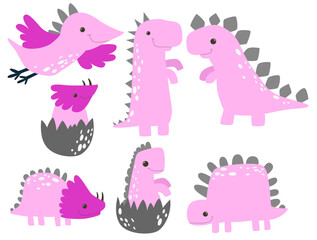 Pink cartoon dinosaur. Dino monster cartoon  girl childish vector illustration. Funny art. Ancient animals. Newborn set