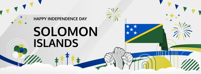 Happy independence day Solomon Islands. Long poster national day Solomon Islands in flag colors. Holiday banner illustration for July 7 celebration invitation party, greeting card and sale