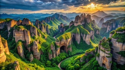 Majestic Rocky Mountain Aerial: Lush Green Slopes, Hidden Caves - Long Exposure Photography