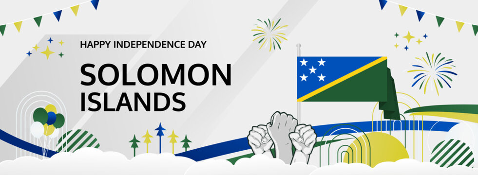 Happy independence day Solomon Islands. Long poster national day Solomon Islands in flag colors. Holiday banner illustration for July 7 celebration invitation party, greeting card and sale