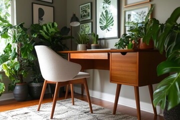 Fototapeta premium Mid Century Modern Home Office With Lush Greenery