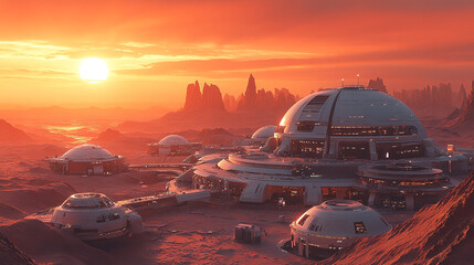 Futuristic colony basking in sunset light on a distant alien planet
