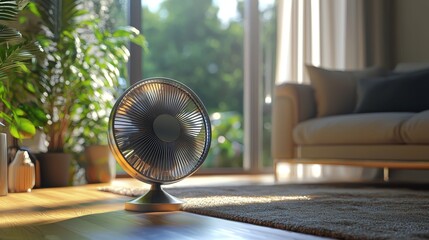 A modern fan with a futuristic design cooling a snug living room, neutral tones, soft rugs, and glowing ambient light, 3D render, highly detailed