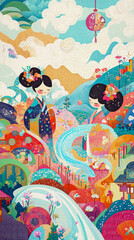 Serene Asian Women in Vibrant Mosaic Landscape