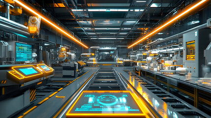Futuristic automated manufacturing facility with robotic arms and glowing interfaces