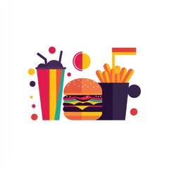 Fast food meal burger, fries, soda; white background; menu illustration