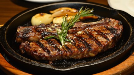 A perfectly grilled bistecca, sizzling on a cast-iron skillet, garnished with fresh rosemary and garlic, showcasing the juiciness and mouthwatering texture of the meat.