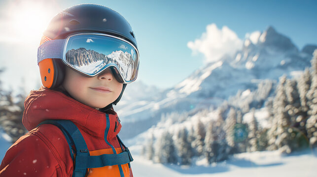 Ski resort advertisement. Child in ski equipment enjoying slide down the slope. Kid in ski googless, helmet and red suit learning skiing in mountains at sunny day. Copy space. Winter sport
