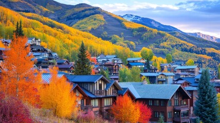 Fototapeta premium Vibrant autumn landscape showcasing colorful trees and charming houses nestled in the mountain