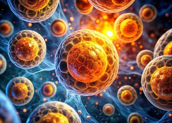 Microscopic Cell Division: Glowing Orange Energy, Scientific Stock Photo