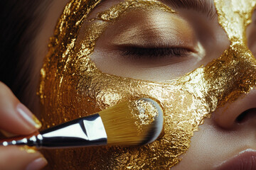 Glimmering gold face mask application in a serene beauty setting