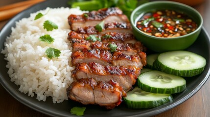 A plate of deliciously crispy pork served with steamed rice, fresh cucumber slices, and a flavorful dipping sauce, highlighting a traditional Thai meal.