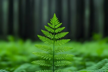 Vibrant green fern frond stands out against dark forest background, showcasing symmetrical pinnate leaves in sharp detail, perfect for nature and wellness designs.