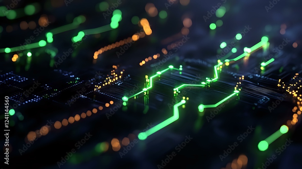 Poster glowing green circuit paths and orange light bokeh on dark background create futuristic technology p