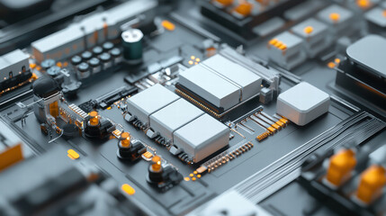 Fototapeta premium High tech circuit board with electronic components, capacitors, and connectors. intricate design showcases modern assembly of technology, emphasizing innovation and precision