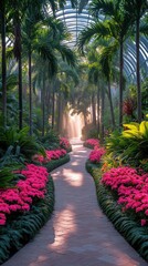 Obraz premium Sunlit Pathway Through Lush Tropical Garden