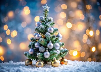 Obraz premium Miniature Christmas Tree with Silver Ornaments - Festive Holiday Decoration