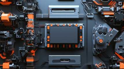 Fototapeta premium High tech machinery featuring intricate components and circuits, showcasing modern assembly line for electric vehicle battery cells. design emphasizes innovation and efficiency