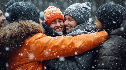 Volunteers and locals hugging and showing gratitude, snow gently falling around them, soft focus, emotional and heartfelt mood