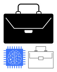 Black briefcase, neural circuit chip, and minimal line suitcase design. Ideal for topics in AI, business, innovation, digital tools, neural tech, modernization abstract line flat metaphor