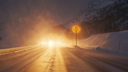Night scene of a highway blocked by an avalanche, illuminated by the glow of rescue vehicles, dark and moody atmosphere
