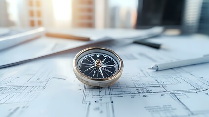 Magnetic compass on architectural blueprints with pen and laptop in background, representing business direction, planning and construction project management.
