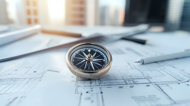 Magnetic compass on architectural blueprints with pen and laptop in background, representing business direction, planning and construction project management.